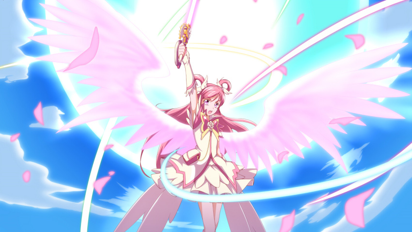 1girl angel_wings bike_shorts clouds cure_dream determined dress energy_sword eyelashes flying hair_ornament hair_ribbon hair_rings half_updo jabara921 looking_at_viewer magical_girl open_mouth pink_eyes pink_hair precure ribbon shining_dream shirt shorts shorts_under_skirt skirt sky solo sun sword twintails weapon wings yes!_precure_5 yes!_precure_5_gogo! yumehara_nozomi