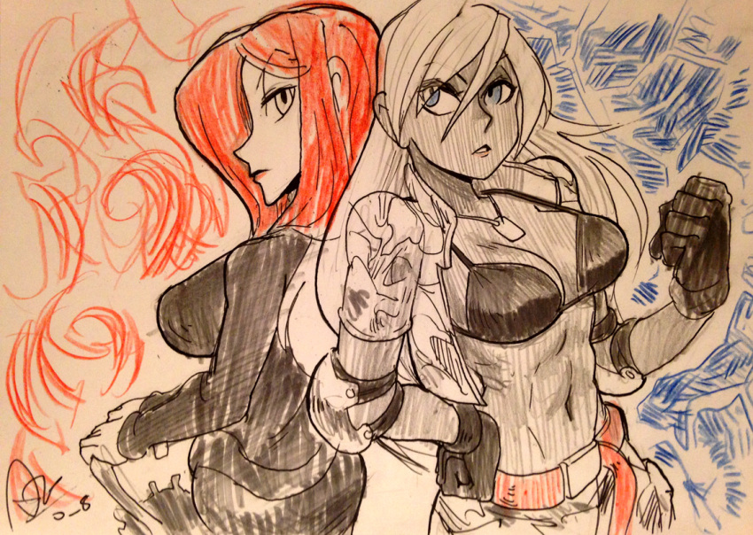 2girls abs alex_ahad back-to-back belt bikini_top blue_eyes breasts clenched_hands closed_umbrella cropped_jacket crossover dark_skin dog_tags elbow_pads hand_on_hip large_breasts long_hair marker_(medium) multiple_girls navel open_clothes open_jacket parasoul_(skullgirls) pencil_crayon_(medium) redhead skirt skullgirls sweater traditional_media turtleneck umbrella vanessa_lewis virtua_fighter white_hair