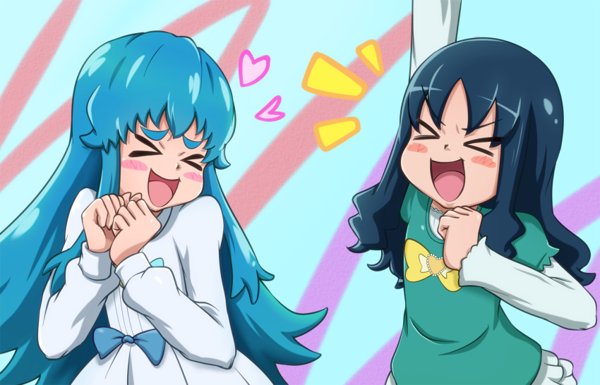&gt;_&lt; 2girls akanerun arm_up blue_hair blush bow color_connection dress female happinesscharge_precure! heart heartcatch_precure! kurumi_erika long_hair multiple_girls payot precure shirayuki_hime shirt smile trait_connection