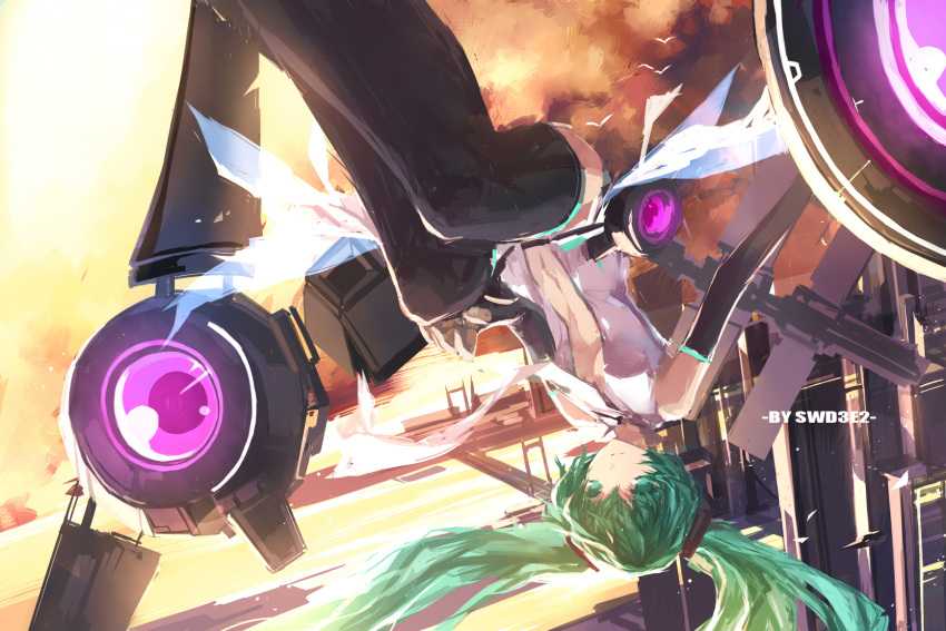 1girl artist_name center_opening green_eyes green_hair hatsune_miku highres miku_append necktie solo swd3e2 thighhighs twintails upside-down vocaloid vocaloid_append