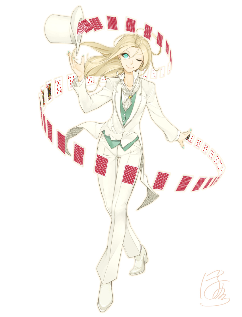1girl absurdres ascot blonde_hair card coattails crossed_legs earrings eyelashes formal green_eyes green_nails hat highres jewelry lips long_hair magic magic_trick magician nail_polish pants pixiv_fantasia pixiv_fantasia_new_world playing_card poaro shoes signature simple_background smile solo suit top_hat walking white_background white_suit wink