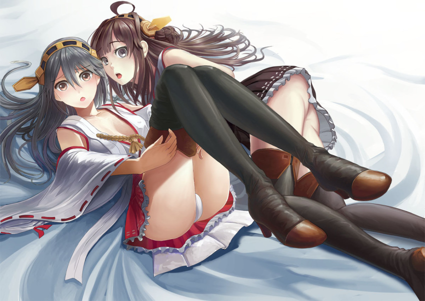 2girls ahoge bare_shoulders black_hair breasts brown_hair detached_sleeves double_bun hair_ornament hairband haruna_(kantai_collection) japanese_clothes kantai_collection kongou_(kantai_collection) long_hair multiple_girls nontraditional_miko open_mouth panties pantyshot personification sdg19881022 skirt thighhighs underwear