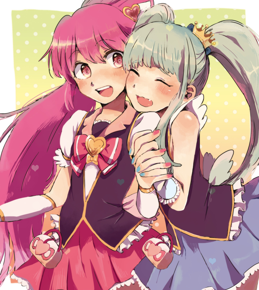 2girls aino_megumi blue_hair blue_skirt blush closed_eyes crown cure_lovely cure_princess eyelashes hair_ornament happinesscharge_precure! heart heart_hair_ornament highres holding_hands jewelry long_hair magical_girl multiple_girls open_mouth pink_eyes pink_hair pink_skirt ponytail precure shirayuki_hime shirt skirt twintails wrist_cuffs xxx-momose69