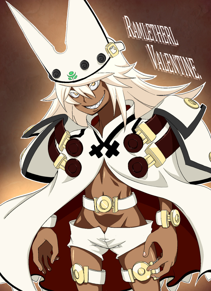 1girl belt bracelet cape crazy_eyes dark_skin eito flat_chest grin guilty_gear guilty_gear_xrd hat highres jewelry long_hair ramletherl_valentine sharp_teeth short_shorts shorts smile solo thigh_belt white_hair yellow_eyes