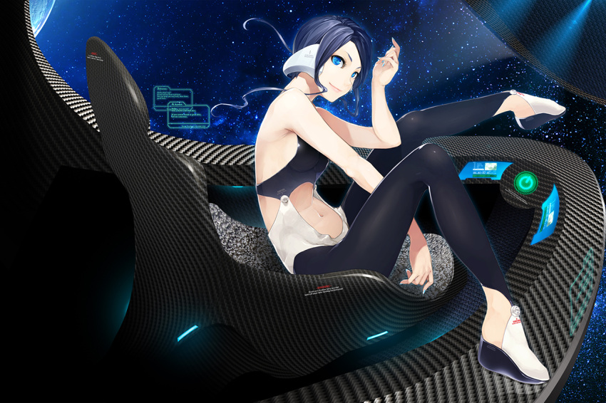1girl album_cover backless_outfit bare_shoulders between_legs blue_eyes blue_hair blue_nails cockpit cover fingernails from_side glowing halterneck hand_between_legs hand_up headgear high_heels holographic_interface holographic_monitor knee_up leg_up legs lips looking_at_viewer midriff nail_polish navel original outstretched_leg pants pilot_chair planet poaro short_hair short_hair_with_long_locks sitting skin_tight smile solo space star_(sky) texture wedge_heels