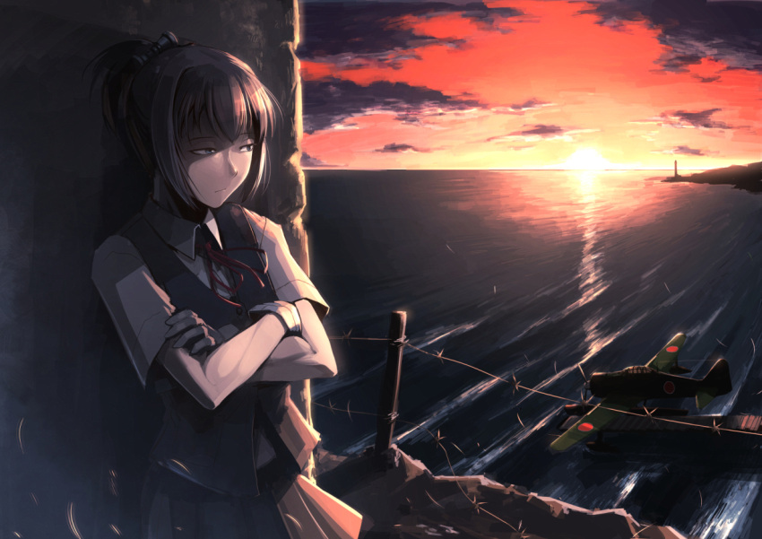 1girl airplane barbed_wire blue_eyes clouds crossed_arms gloves hair_ornament hetza_(hellshock) kantai_collection leaning lighthouse ocean personification pink_hair ponytail school_uniform seaplane shiranui_(kantai_collection) short_hair short_sleeves skirt sky solo sunset water
