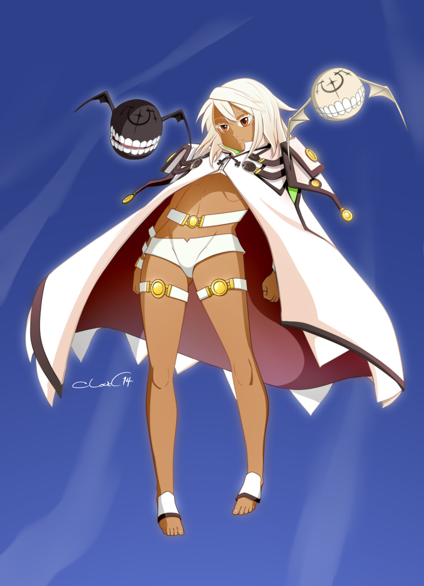 1girl absurdres barefoot belt cape cloudxmoe creature dark_skin flat_chest guilty_gear guilty_gear_xrd highres long_hair mound_of_venus no_hat ramletherl_valentine red_eyes short_shorts shorts solo thigh_belt toes white_hair
