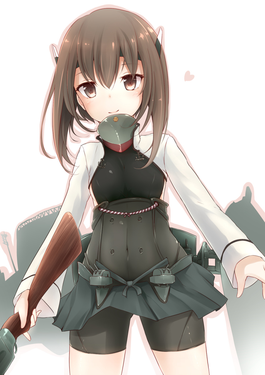 1girl bike_shorts bow_(weapon) brown_eyes brown_hair crossbow flat_chest headband headgear heart highres kantai_collection looking_at_viewer mitsukii personification pleated_skirt short_hair skirt smile solo taihou_(kantai_collection) thighhighs weapon