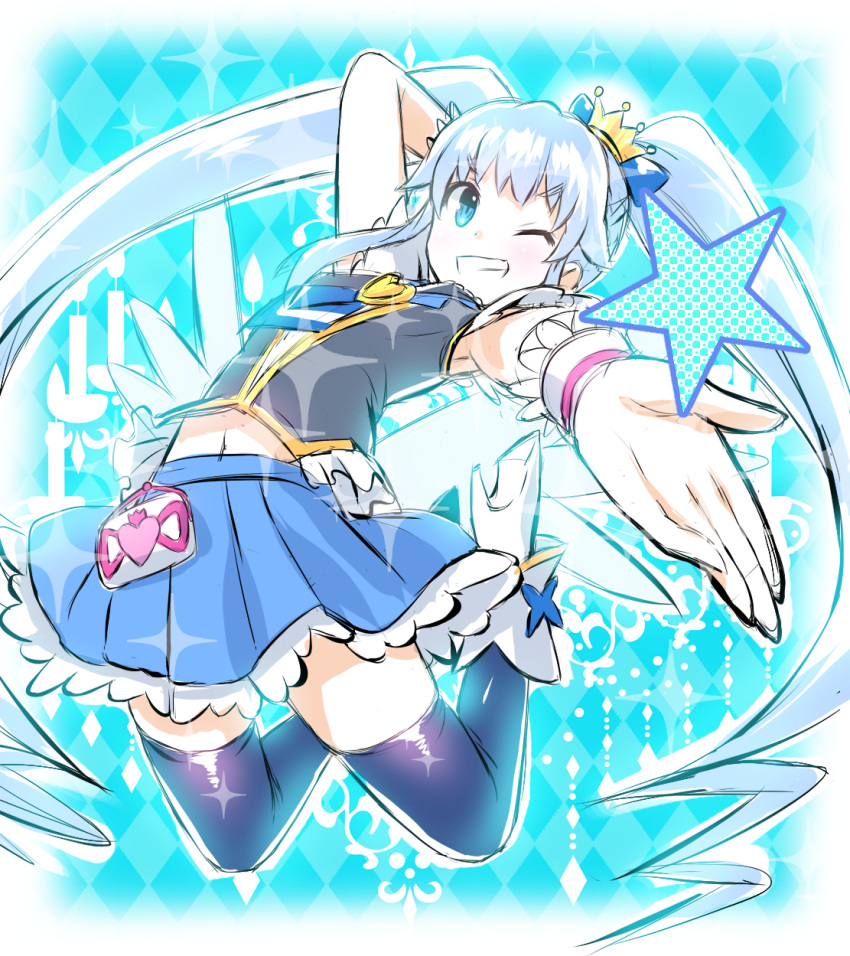 1girl akaza blue blue_background blue_eyes blue_hair blue_legwear blue_skirt boots crown cure_princess earrings eyelashes grin hair_ornament happinesscharge_precure! happy high_heels highres jewelry jumping long_hair looking_at_viewer magical_girl navel precure shirayuki_hime shirt sketch skirt smile solo thighhighs thighs twintails wink wrist_cuffs zettai_ryouiki