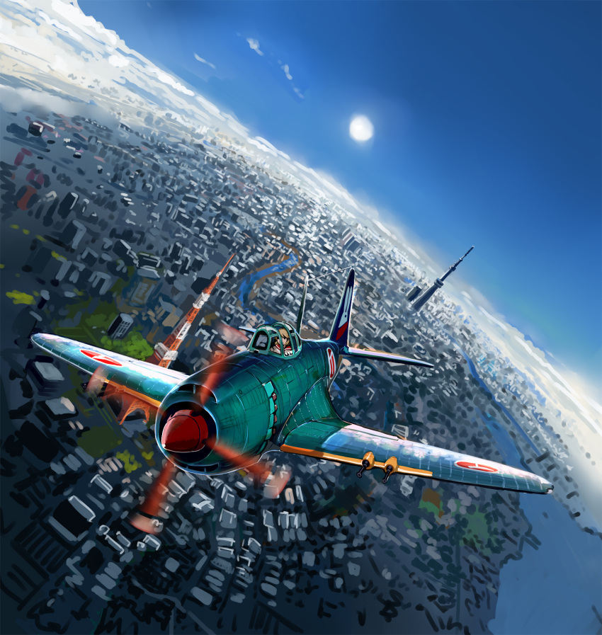 1girl airplane brown_hair city cityscape clouds highres nogami_takeshi original scenery sky solo tokyo_(city) tokyo_sky_tree tokyo_tower tower