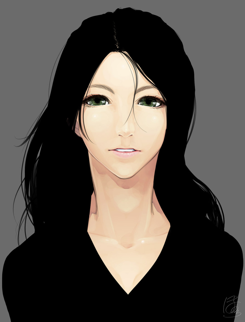 1girl black_hair bust collarbone commentary_request eyelashes facing_viewer green_eyes grey_background hair_strand highres lips long_hair looking_at_viewer original parted_lips pink_lips poaro realistic signature simple_background solo v-neck