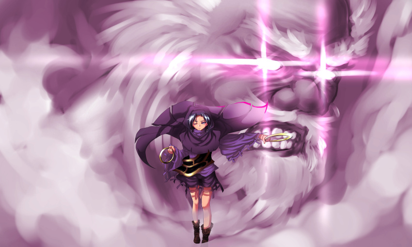 1boy 1girl blue_hair cape clenched_teeth dress frown glowing glowing_eyes highres hood hoop kumoi_ichirin toriatama touhou unzan violet_eyes wink