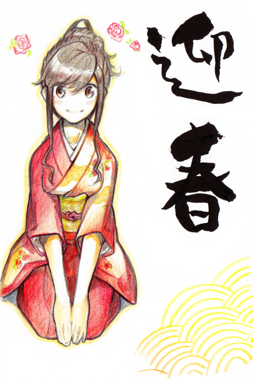 1girl brown_eyes brown_hair colored_pencil_(medium) commentary_request facing_viewer floral_print flower graphite_(medium) hair_up hands_to_floor highres japanese_clothes kimono knot leaf looking_at_viewer obi original payot poaro red_rose rose sash seigaiha seiza simple_background sitting solo traditional_media translated white_background