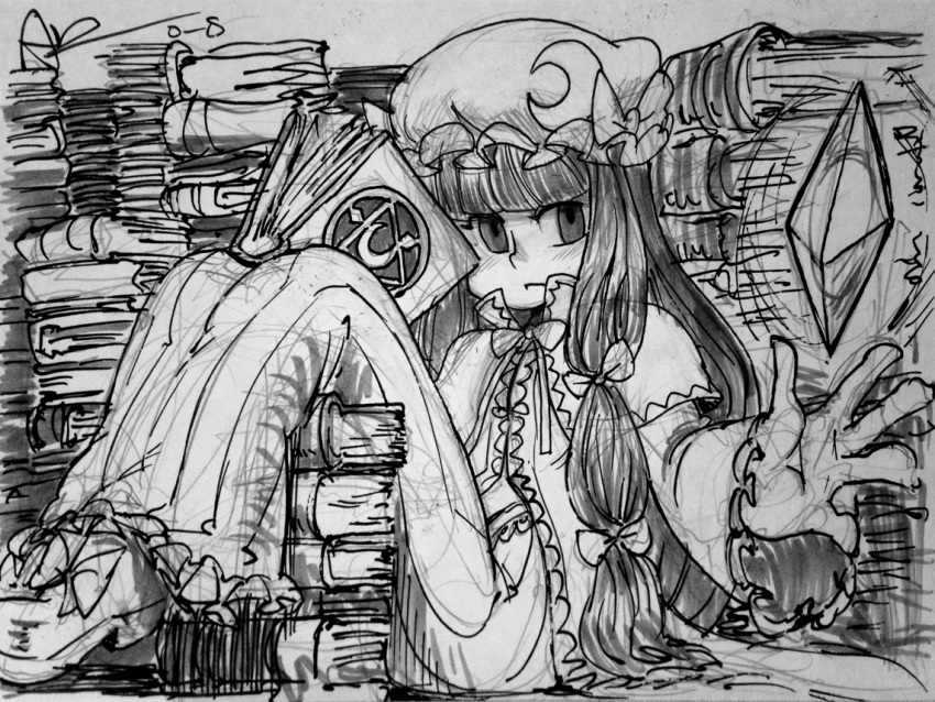 1girl alex_ahad book book_stack bow capelet crescent greyscale hair_bow hat long_dress long_hair marker_(medium) monochrome patchouli_knowledge reading sitting solo too_many_books touhou traditional_media