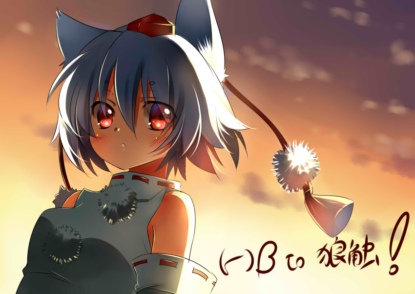 1girl absurdres animal_ears bare_shoulders bust detached_sleeves hat hat_ribbon highres inubashiri_momiji jiji_(381134808) looking_at_viewer red_eyes ribbon shirt silver_hair solo sunset tokin_hat touhou translation_request wolf_ears
