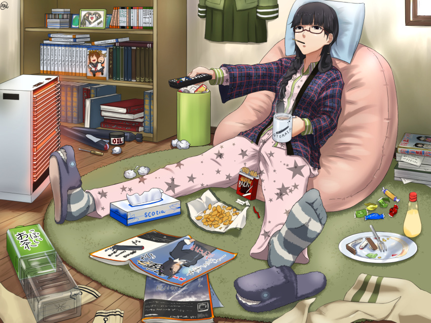bedroom controller glasses highres kantai_collection kitakami_(kantai_collection) noica pajamas pocky remote_control slippers socks