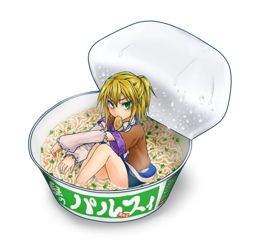 1girl arm_warmers blonde_hair blush food green_eyes in_container in_food looking_at_viewer mizuhashi_parsee monrooru mouth_hold partially_submerged ponytail ramen short_hair sitting solo touhou