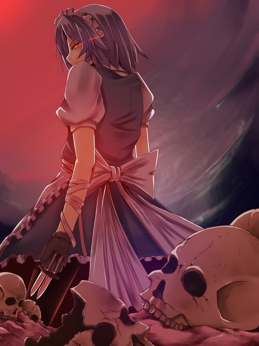 bad_id bandages braid glaring gloves glowing glowing_eyes hairband highres izayoi_sakuya knife looking_back maid nahu red_eyes short_hair silver_hair skull solo touhou