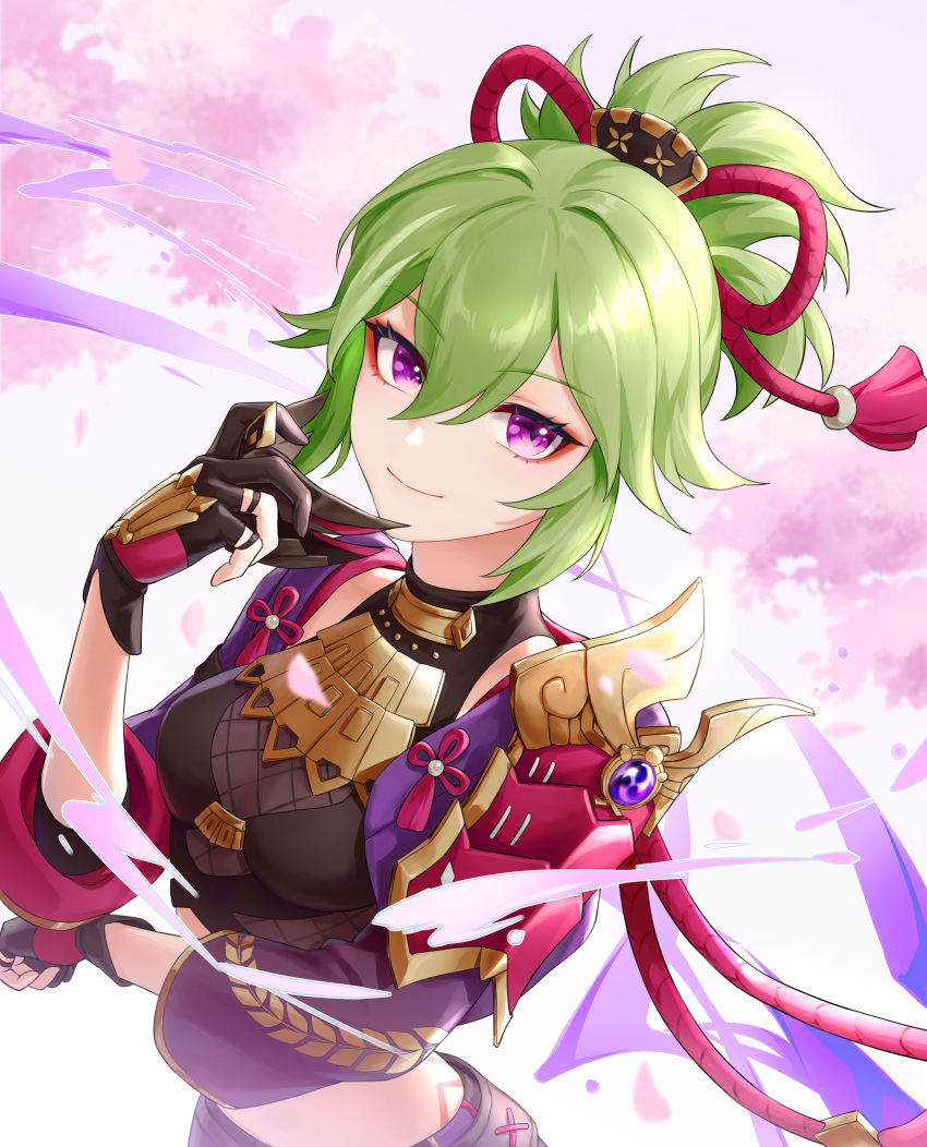 1girl absurdres armor bangs black_gloves black_mask black_shirt body_markings breasts cherry_blossoms closed_mouth commentary_request crop_top cropped_jacket ddxls fishnets genshin_impact gloves green_hair highres holding holding_mask jacket kuki_shinobu mask mask_removed medium_breasts midriff mouth_mask partially_fingerless_gloves petals ponytail purple_jacket shirt short_hair shoulder_armor sidelocks sleeveless sleeveless_shirt smile solo violet_eyes vision_(genshin_impact) white_background