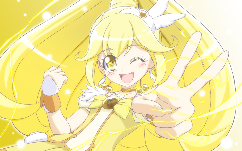 1girl blonde_hair choker cure_peace dress earrings h-new hair_ornament happy heart highres jewelry kise_yayoi long_hair looking_at_viewer magical_girl open_mouth ponytail precure simple_background skirt smile smile_precure! solo tiara v white_background wink wrist_cuffs yellow_dress yellow_eyes