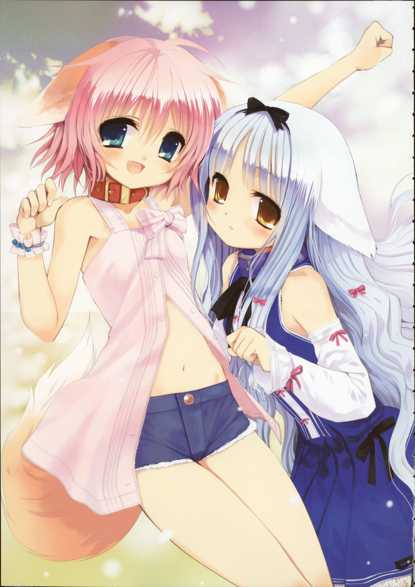 absurdres animal_ears aqua_eyes aqua_hair blush bow child clenched_hand cloud collar denim denim_shorts detached_sleeves dog_ears dog_tail dress fang flat_chest hair_bow highres koin_(foxmark) lily lily_(wanko) long_hair midriff multiple_girls navel open_mouth pink_hair raised_fist scan short_hair shorts sky smile tail very_long_hair wanko wanko_to_lily white_hair wrist_cuffs yellow_eyes