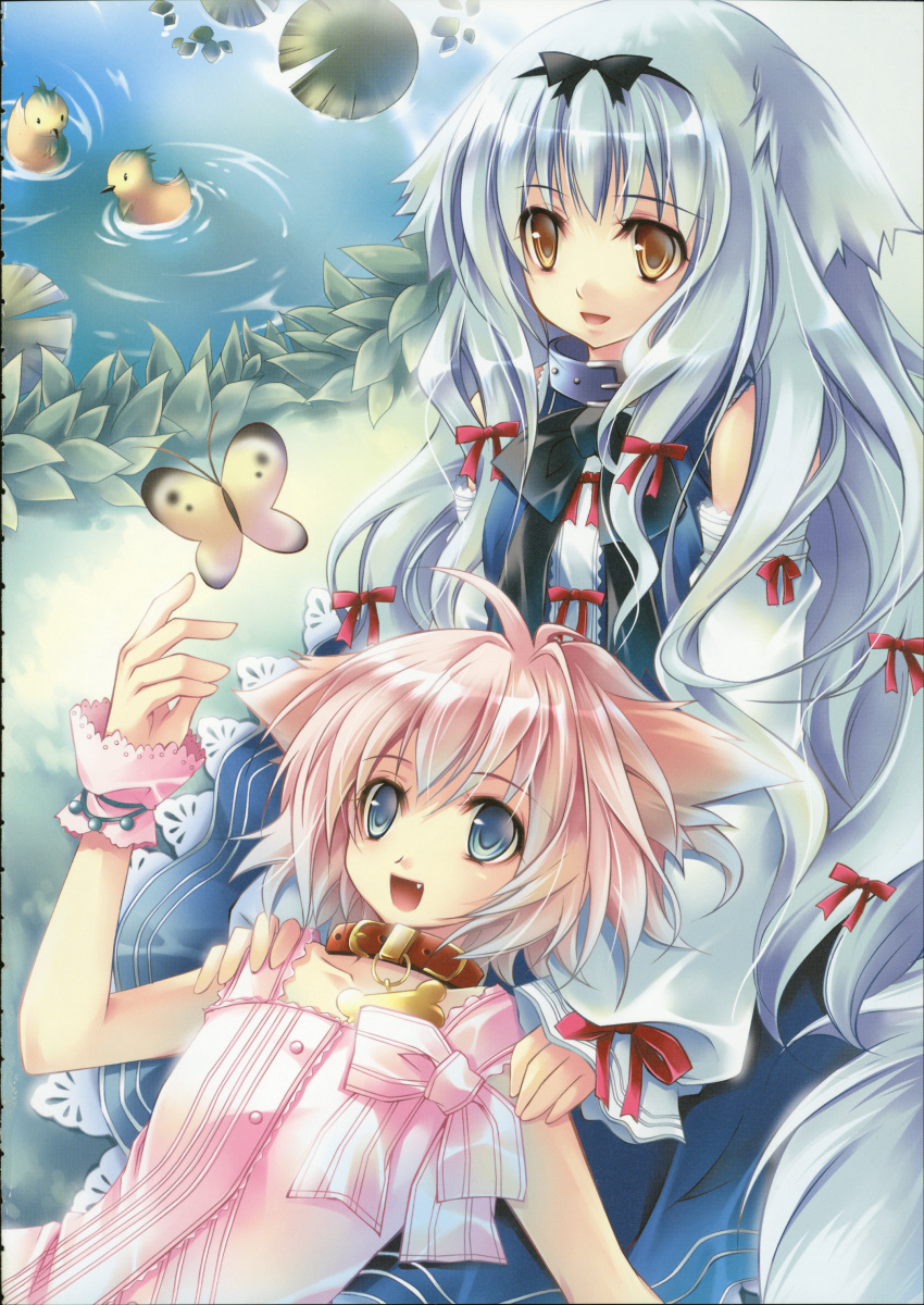 2girls absurdres animal_ears blue_eyes butterfly child collar detached_sleeves dog_ears duck fang hair_ribbon hairband highres lap_pillow lily lily_(wanko) lily_pad long_hair lying multiple_girls on_back original outdoors outside pink_hair ribbon scan short_hair sitting smile ta_kaana very_long_hair wanko wanko_to_lily water white_hair wrist_cuffs yellow_eyes