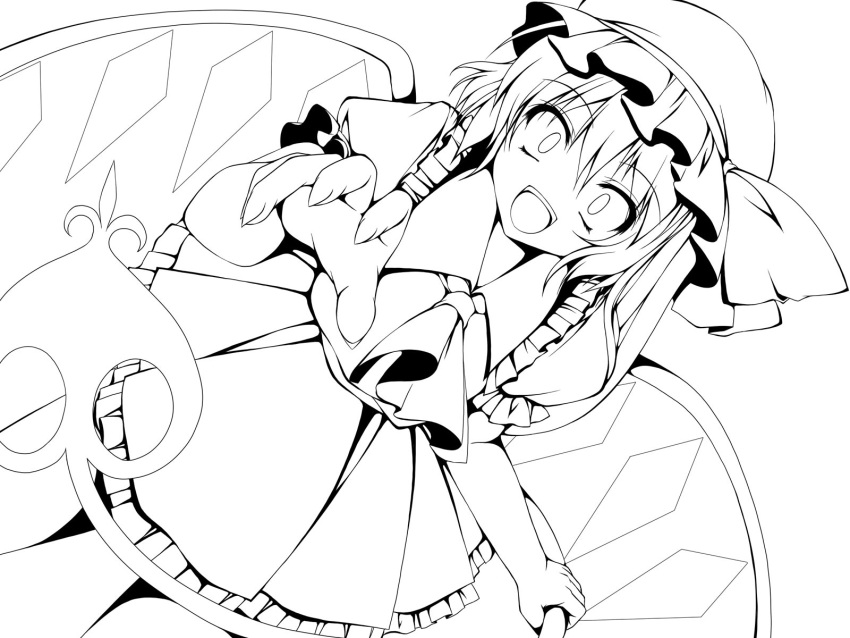 absurdres dress dutch_angle flandre_scarlet frills hands hat highres kamiya_tomoe lineart monochrome open_mouth outstretched_hand reaching ribbon short_hair side_ponytail touhou wings yandere