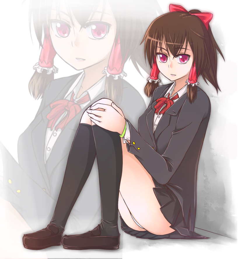 alternate_costume bad_id black_kneehighs black_legwear brown_hair contemporary hakurei_reimu highres kneehighs notsugimi panties pantyshot pantyshot_sitting red_eyes school_uniform sitting skirt socks solo touhou underwear zoom_layer