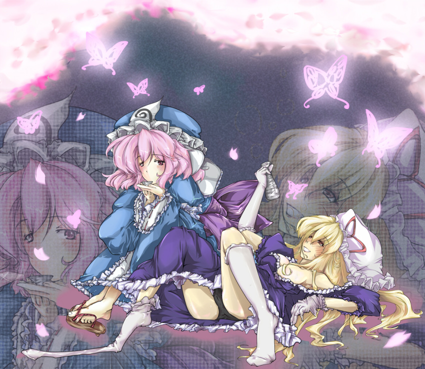 blonde_hair blush breasts drunk elbow_gloves feet gloves hat long_hair multiple_girls nishimura_nike pink_hair red_eyes saigyouji_yuyuko sandals short_hair sock_pull socks touhou yakumo_yukari zoom_layer