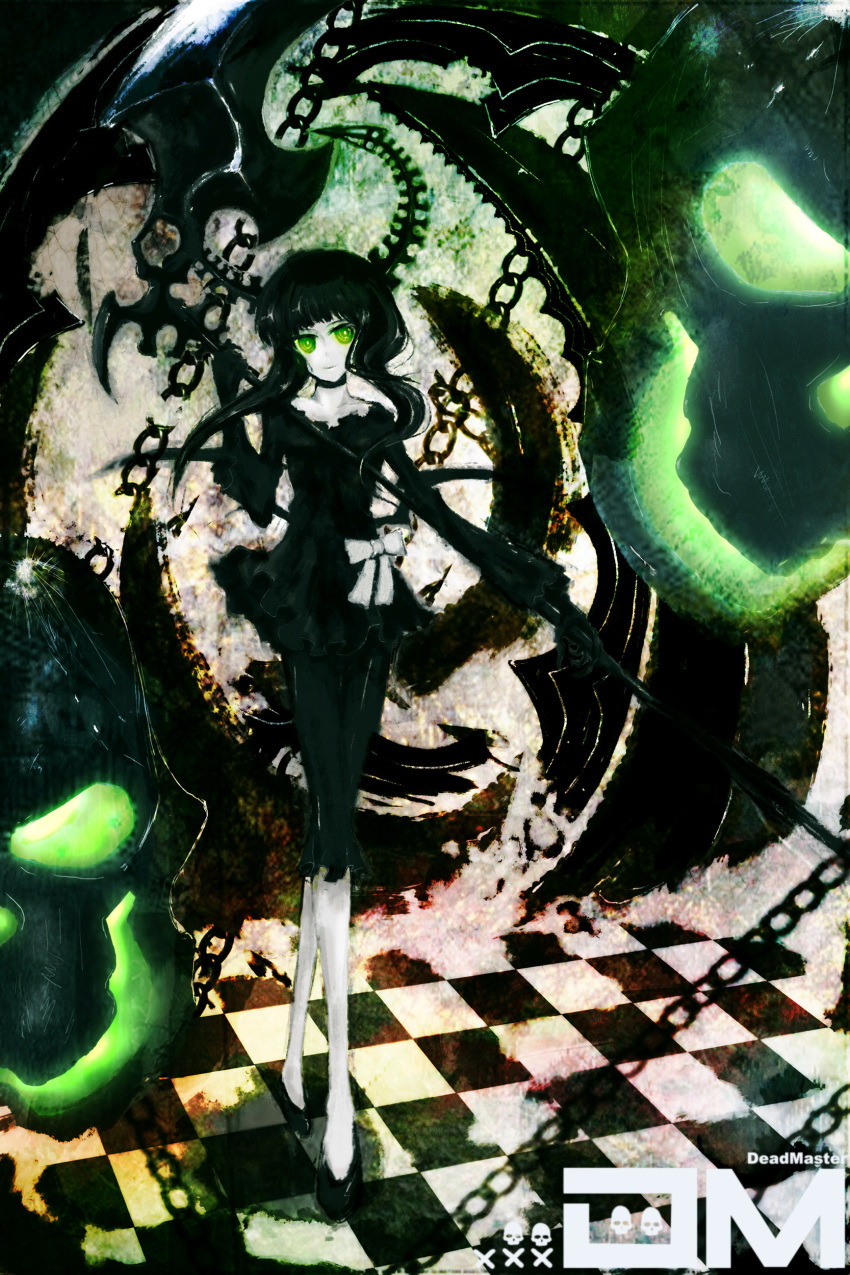 auer bad_id black_hair black_rock_shooter chain chains dead_master glowing glowing_eyes green_eyes highres scythe skull solo