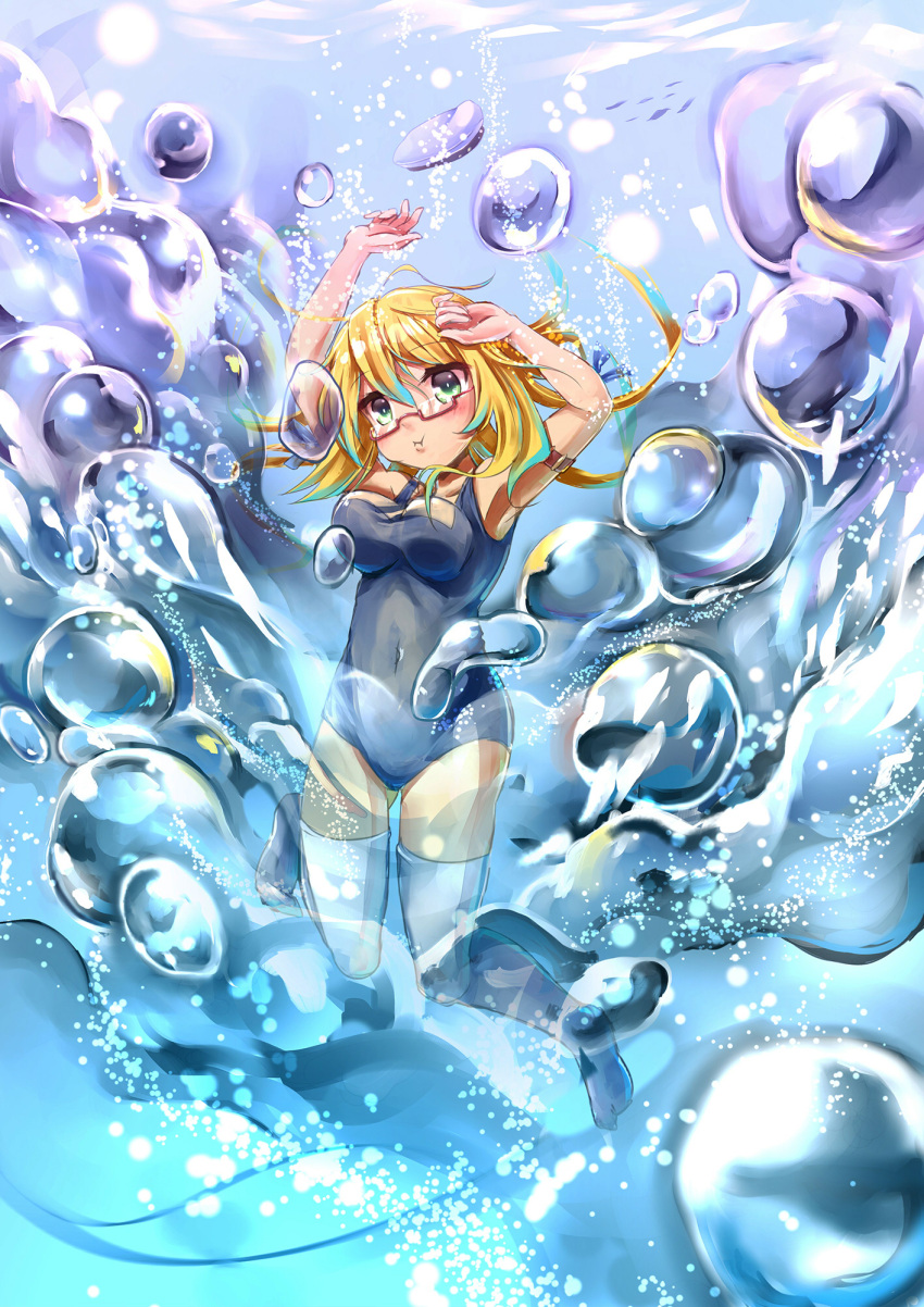 1girl blonde_hair breasts bubble diving glasses green_eyes highres i-8_(kantai_collection) kantai_collection low_twintails name_tag no_hat one-piece_swimsuit personification school_swimsuit swimsuit tayashitsu thighhighs twintails water white_legwear