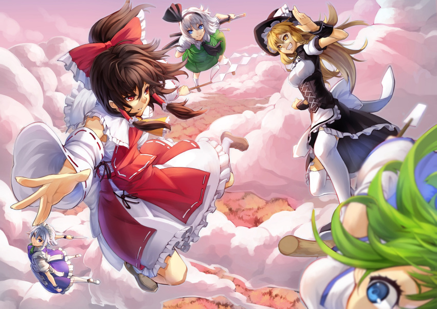 4girls apron ascot blonde_hair blue_eyes bow brown_hair clouds detached_sleeves flying frog gohei green_hair hair_bow hair_ornament hair_tubes hairband hakurei_reimu hat highres izayoi_sakuya japanese_clothes kirisame_marisa knife kochiya_sanae konpaku_youmu long_hair maid_headdress miko multiple_girls outstretched_arms outstretched_hand shide short_hair silver_hair sky smile snake spread_arms sukocchi thighhighs touhou weapon white_legwear wristband