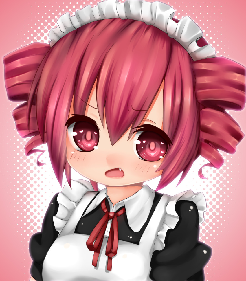 1girl blush drill_hair fang highres kasane_teto maid maid_headdress open_mouth pitui1996 red_eyes red_hair ribbon solo twin_drills twintails utau vocaloid