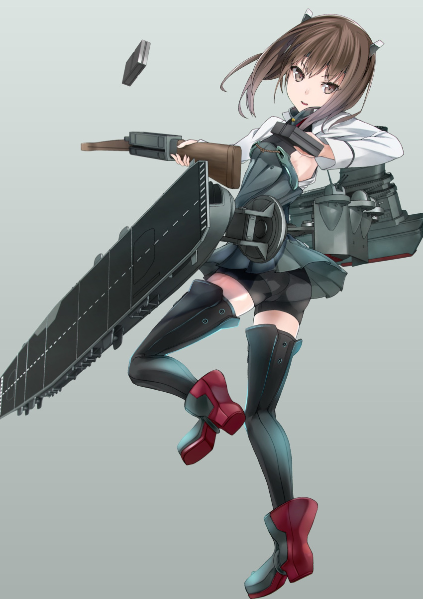 1girl aa_gun armor ass back bike_shorts black_legwear blush boots bow_(weapon) brown_eyes brown_hair buts clip_(weapon) crossbow flat_chest flight_deck headband headgear highres kantai_collection looking_back open_mouth personification pleated_skirt short_hair shorts_under_skirt skirt solo taihou_(kantai_collection) thigh_boots thighhighs weapon