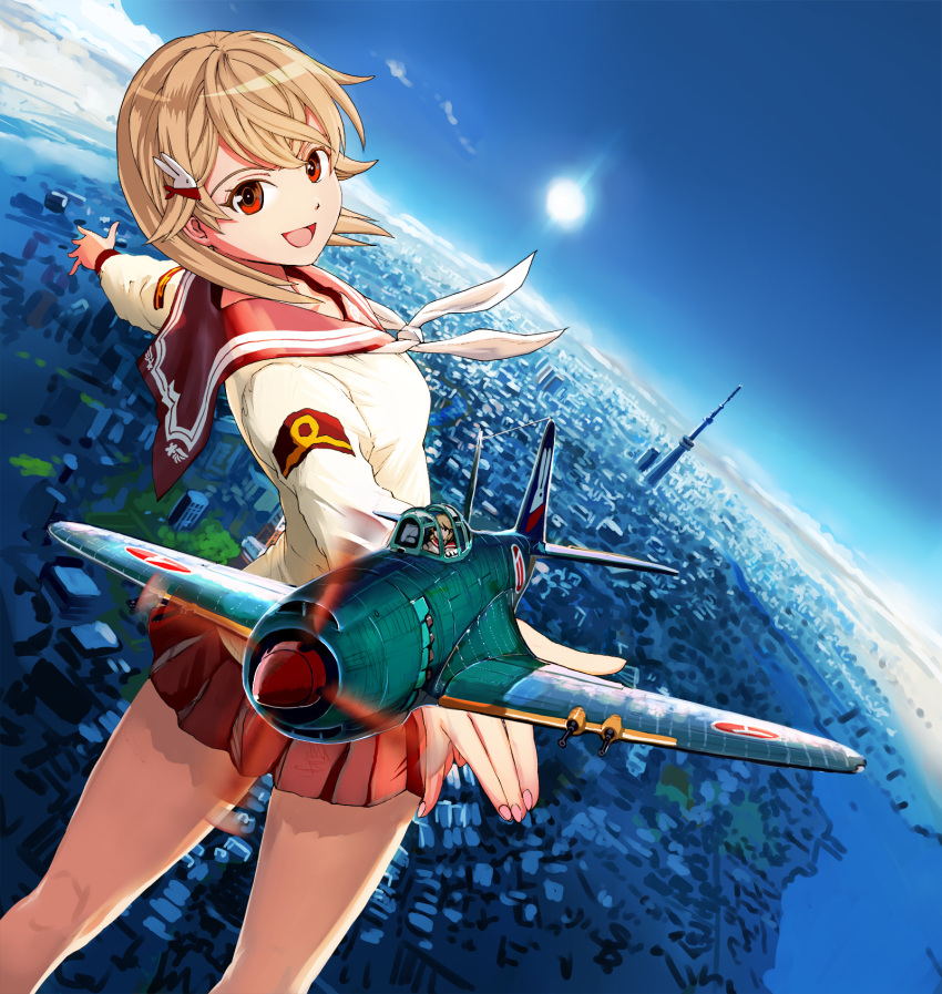 1girl airplane armband back brown_hair city cityscape clouds cover cover_page from_above hagoromo_maki hair_ornament hairpin highres horizon kawanishi_shidenkai kneepits looking_back nogami_takeshi open_mouth original outstretched_arms pleated_skirt reaching red_eyes scenery school_uniform shidenkai_no_maki short_hair skirt sky smile solo spread_arms sunbeam sunlight tokyo_(city) tokyo_sky_tree tower