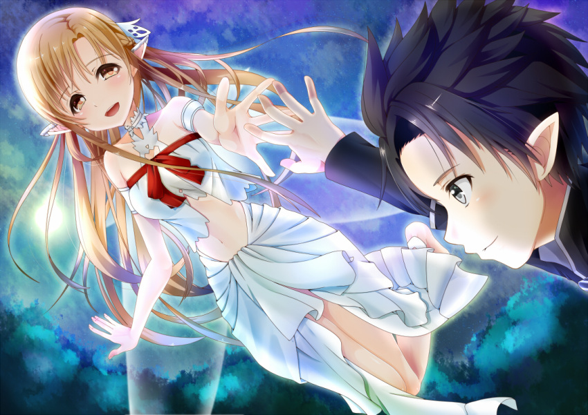 1boy 1girl asuna_(sao) black_eyes black_hair brown_eyes brown_hair couple ear_covers haguda_tofu_(hakudatofu) kirito kirito_(sao-alo) long_hair pointy_ears reaching short_hair spiky_hair sword_art_online titania_(sao) yuuki_asuna