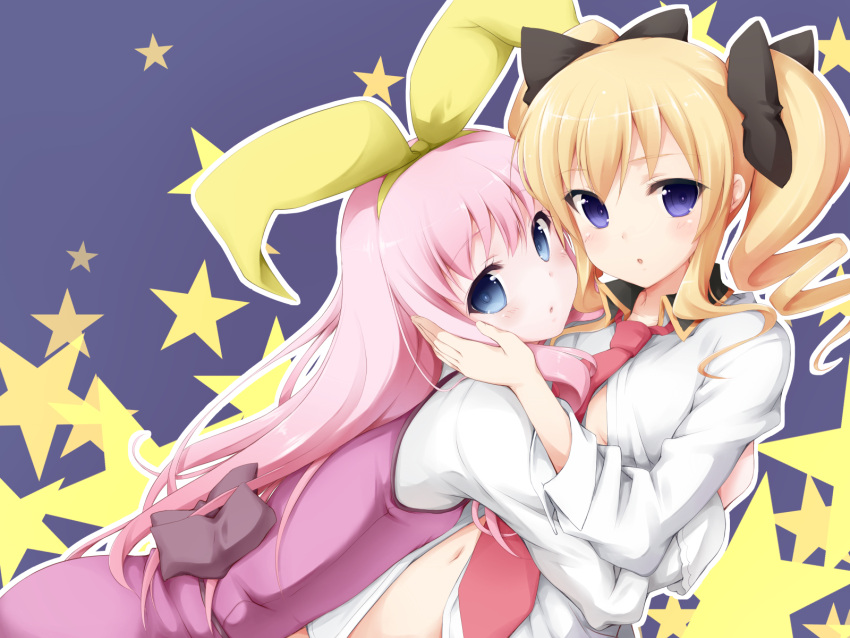 2girls akechi_kokoro alternate_hairstyle blonde_hair blue_background blue_eyes blush bow drill_hair hair_bow hair_down hand_on_another's_face highres hug long_hair long_sleeves midriff multiple_girls navel necktie open_clothes open_shirt pink_hair sherlock_shellingford star tantei_opera_milky_holmes twintails violet_eyes zyaan