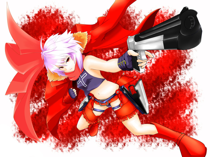 1girl bakuretsu_tenshi bare_shoulders belt boots chaps cross fingerless_gloves gloves gun highres holster jacket jo midriff navel open_mouth partially_undressed red_eyes scarf short_hair sleeveless small_breasts solo toramimi weapon white_hair