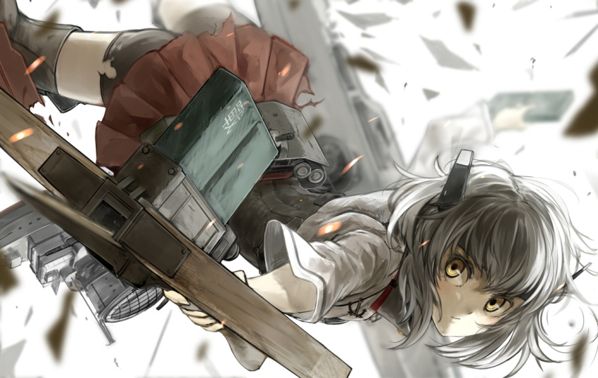 1girl armor bike_shorts blurry blush bow_(weapon) brown_eyes brown_hair clip_(weapon) crossbow damaged depth_of_field flat_chest flight_deck headband headgear kantai_collection looking_at_viewer nishiuri personification pleated_skirt short_hair shorts_under_skirt skirt solo taihou_(kantai_collection) thighhighs torn_clothes weapon