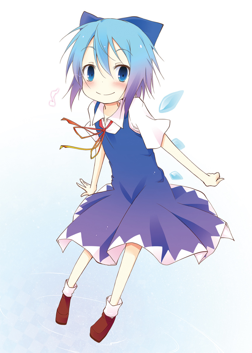 1girl blue_eyes blue_hair bow cirno gradient_hair hair_bow highres ice ice_wings ichihina lavender_hair multicolored_hair musical_note petite short_hair solo touhou white_background wings