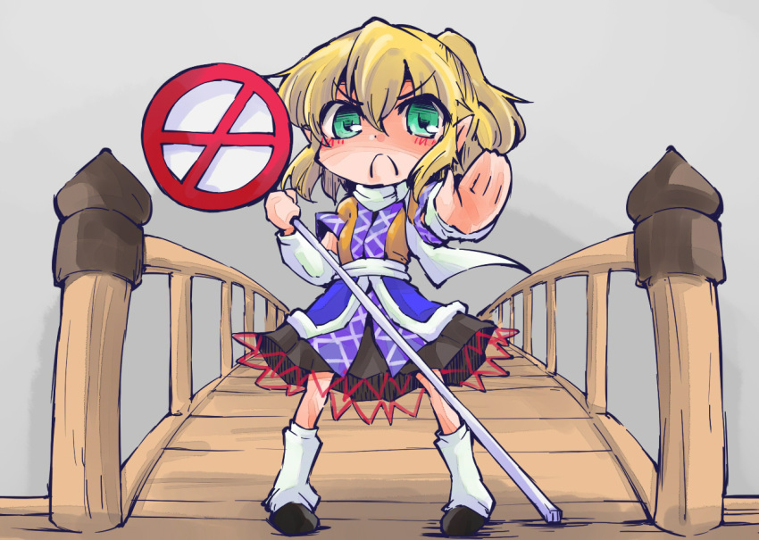 1girl :c arm_warmers blonde_hair bridge green_eyes leg_warmers looking_at_viewer mizuhashi_parsee outstretched_arm outstretched_hand pointy_ears road_sign sash shinapuu shirt sign skirt solo standing touhou