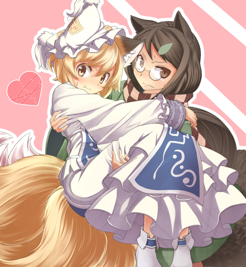 2girls :t animal_ears blush broken_heart brown_eyes brown_hair carrying commentary_request dress fox_ears fox_tail futatsuiwa_mamizou hair_ornament hairclip hat hat_with_ears heart highres leaf leaf_hair_ornament long_sleeves looking_at_viewer multiple_girls multiple_tails princess_carry raccoon_ears raccoon_tail scarf sweat tabard tail tamahana touhou white_dress wide_sleeves yakumo_ran yellow_eyes