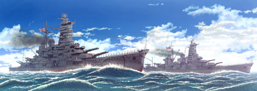 aa_gun blue_sky cannon clouds earasensha flag haruna_(battleship) highres imperial_japanese_navy kongou_(battleship) multiple_boys ocean original radar rising_sun sky smoke turret water world_war_ii
