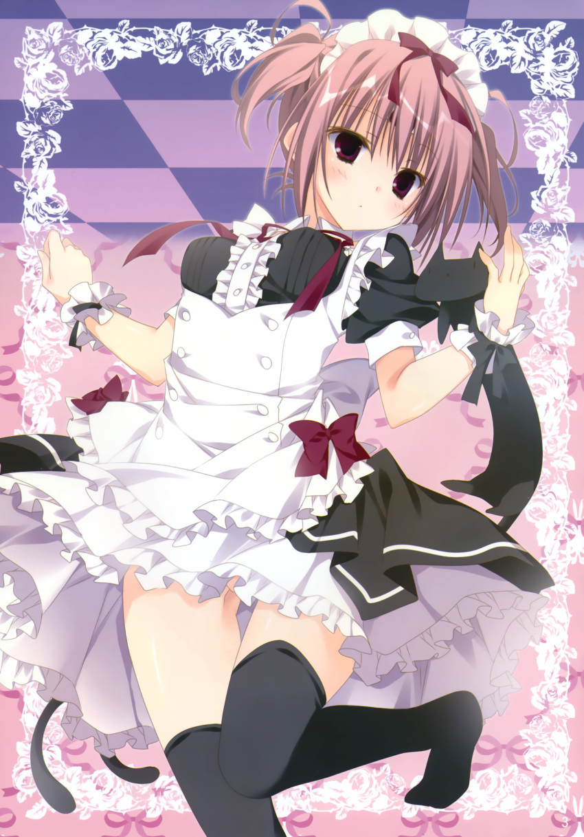 1girl =&lt; absurdres black_legwear cat checkered_ceiling dress highres inugami_kira maid pink_hair solo thighhighs two_side_up violet_eyes wrist_cuffs