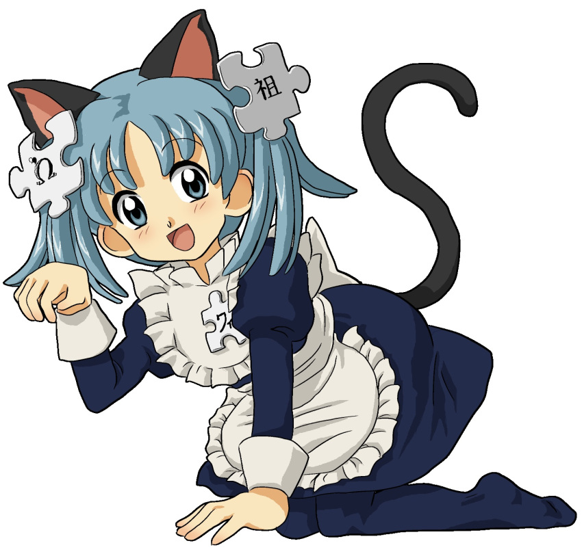 1girl animal_ears blue_eyes blue_hair blush cat_ears cat_tail female hair_ornament kasuga_(artist) maid mascot open_mouth paw_pose personification smile solo source_request tail twintails white_background wikipe-tan wikipedia