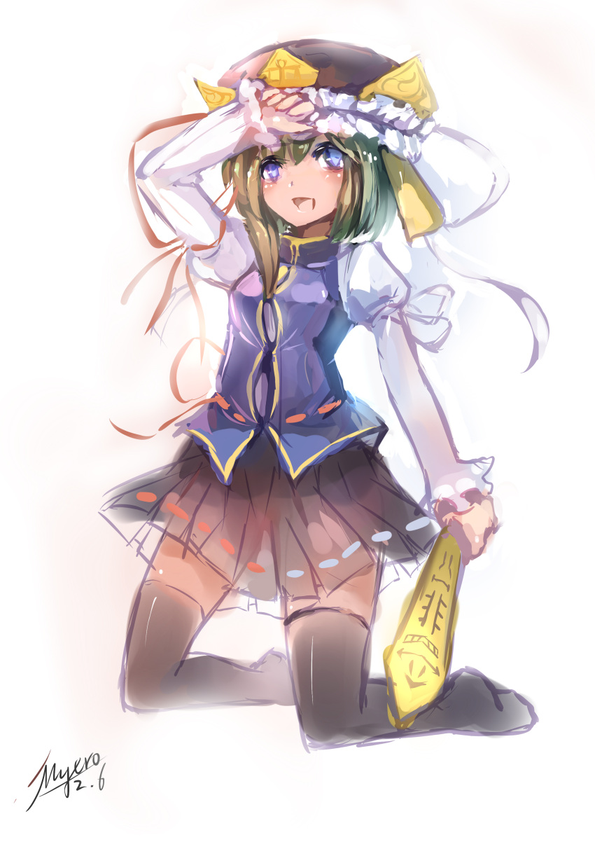 1girl absurdres blue_eyes dated gradient_hair hand_on_forehead hat hat_ribbon highres juliet_sleeves kneeling long_sleeves looking_at_viewer multicolored_hair myero no_shoes open_mouth puffy_sleeves ribbon rod_of_remorse see-through shikieiki_yamaxanadu short_hair side_ponytail signature simple_background skirt solo thighhighs touhou vest white_background
