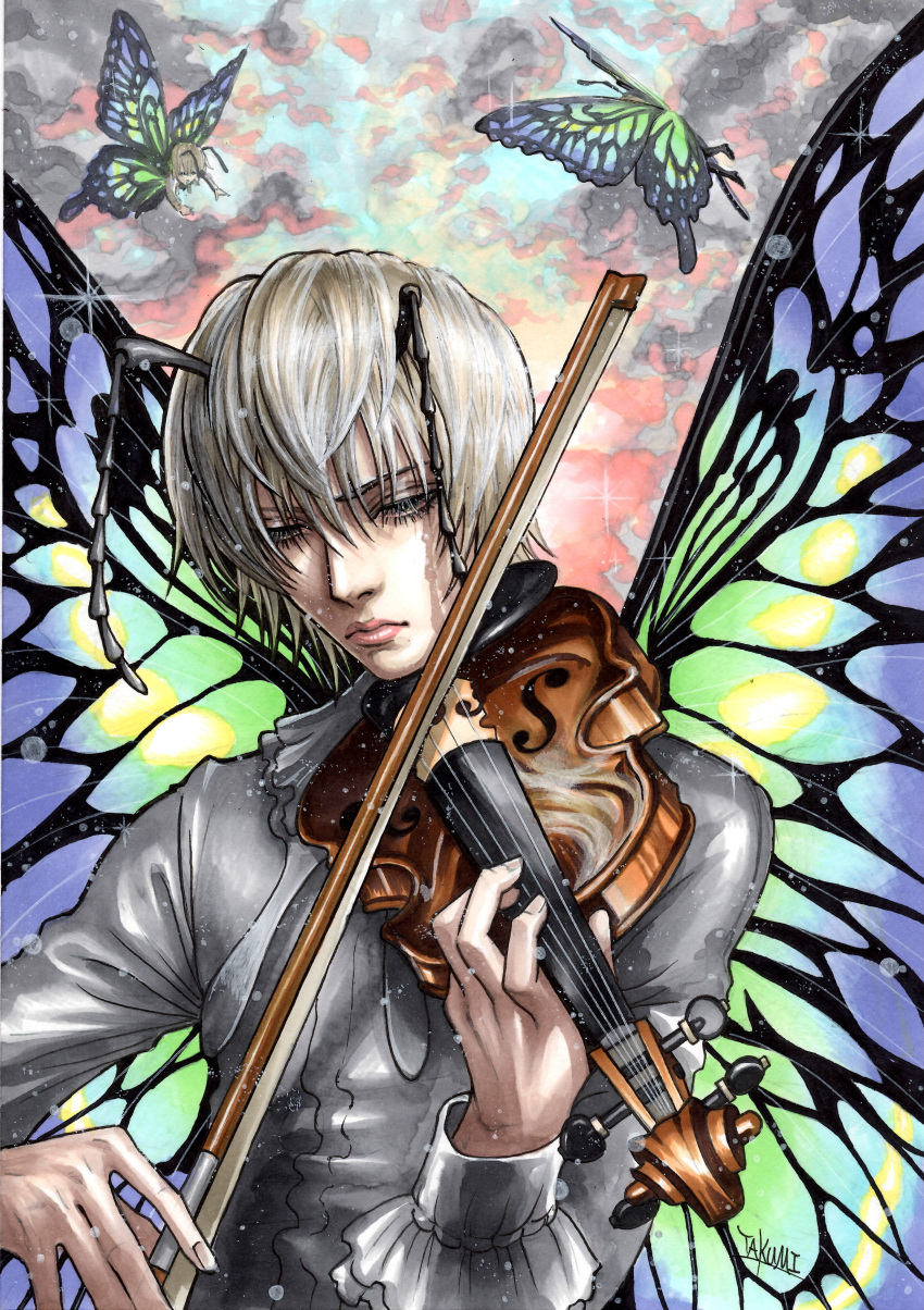 1boy absurdres antennae bow_(instrument) butterfly_wings clone green_eyes grey_hair half-closed_eyes highres hunter_x_hunter instrument long_sleeves male marlboro_(artist) miniboy multiple_persona playing_instrument shaiapouf signature sparkle violin wings