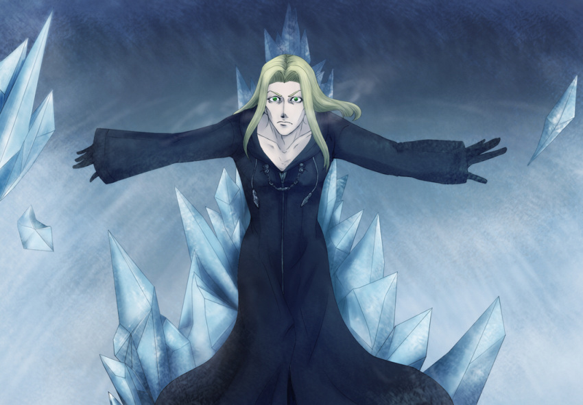 1boy blonde_hair cloak gloves green_eyes ice jagame_(jagamo) kingdom_hearts long_hair solo vexen