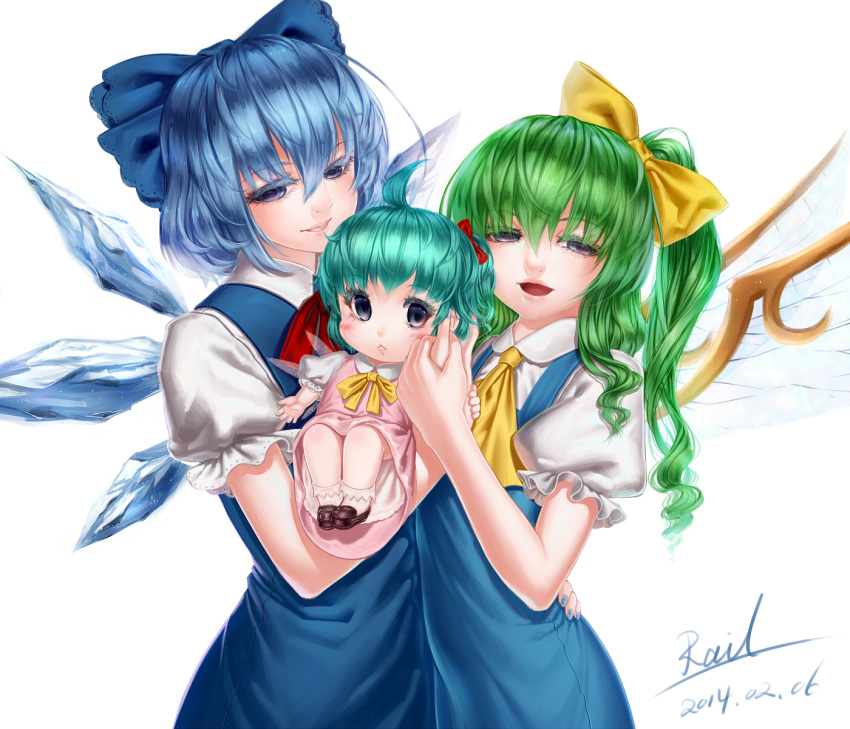 3girls aqua_hair ascot blue_dress blue_hair carrying child cirno daiyousei dress fairy_wings green_hair grey_eyes hair_bun hair_ribbon half-closed_eyes hand_on_hip highres ice ice_wings if_they_mated looking_at_viewer multiple_girls open_mouth pink_dress puffy_sleeves rail_(silverbow) ribbon short_sleeves side_ponytail signature simple_background smile touhou white_background wings