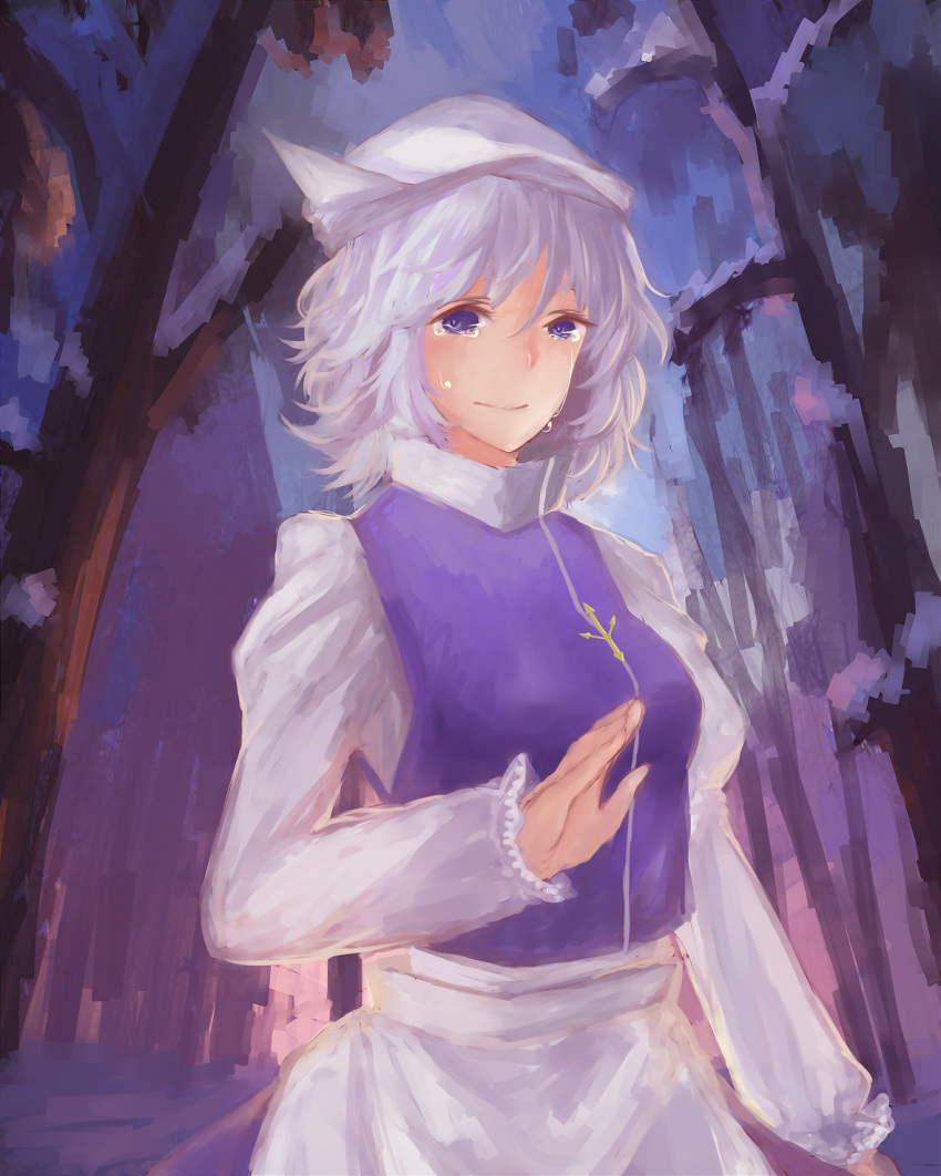 1girl apron blouse blue_eyes faux_traditional_media forest hat high_collar highres juliet_sleeves lavender_hair letty_whiterock light_smile long_sleeves looking_at_viewer nature pin puffy_sleeves raised_hand short_hair snow solanum solo tears touhou waist_apron